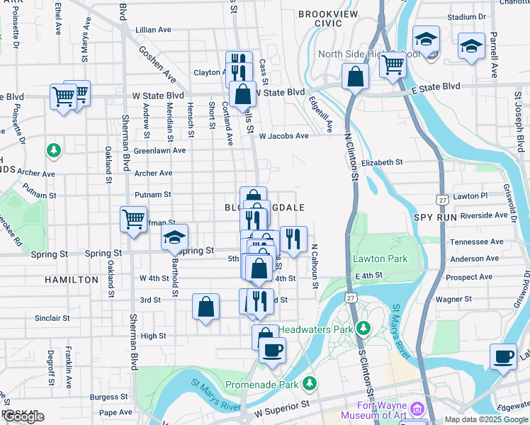 map of restaurants, bars, coffee shops, grocery stores, and more near 1723 North Wells Street in Fort Wayne