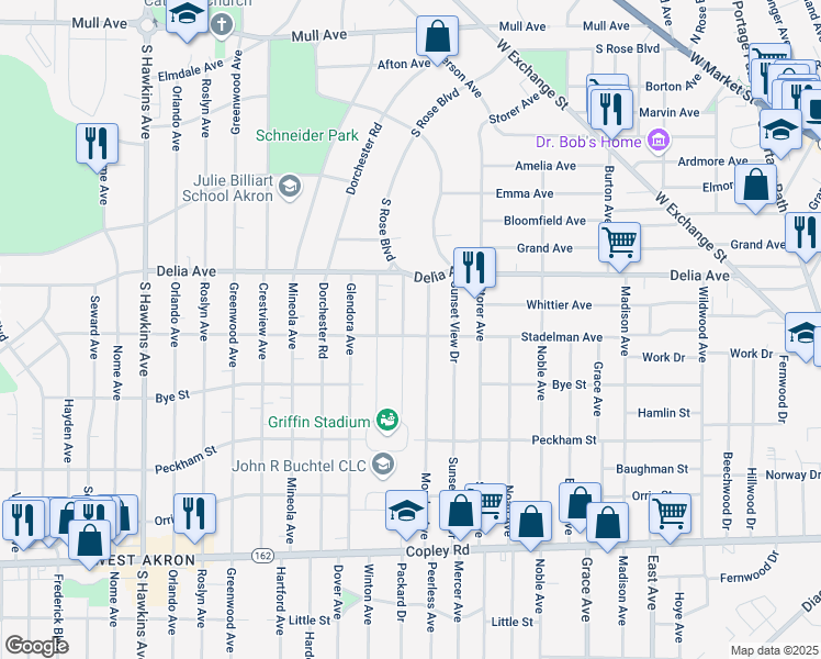 map of restaurants, bars, coffee shops, grocery stores, and more near 515 Avalon Avenue in Akron