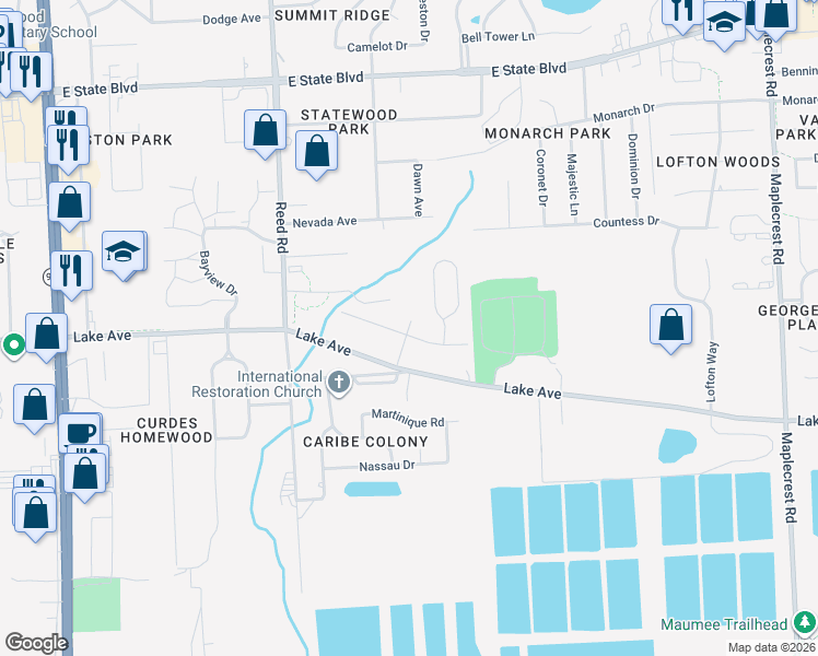 map of restaurants, bars, coffee shops, grocery stores, and more near 1651 Lakehurst Drive in Fort Wayne