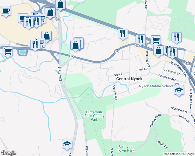 map of restaurants, bars, coffee shops, grocery stores, and more near 1 Cresthill Drive in Nyack