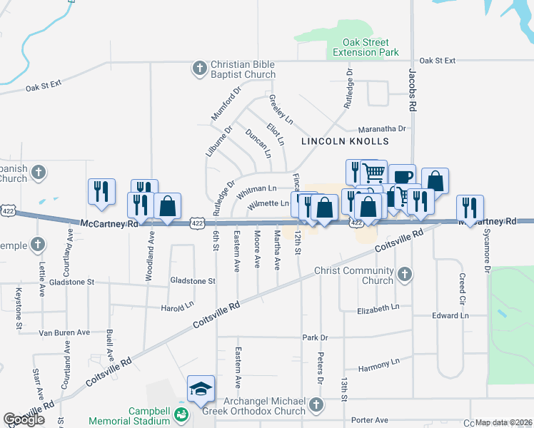 map of restaurants, bars, coffee shops, grocery stores, and more near 67 Wilmette Lane in Youngstown