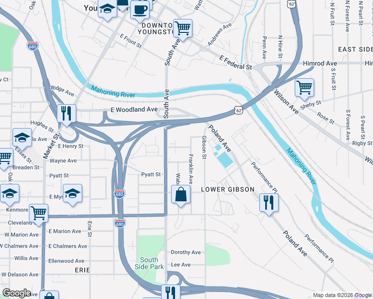 map of restaurants, bars, coffee shops, grocery stores, and more near 812 Franklin Avenue in Youngstown