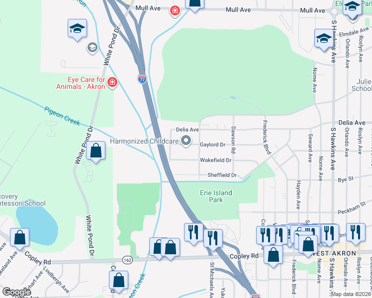 map of restaurants, bars, coffee shops, grocery stores, and more near 1838 Gaylord Dr in Akron