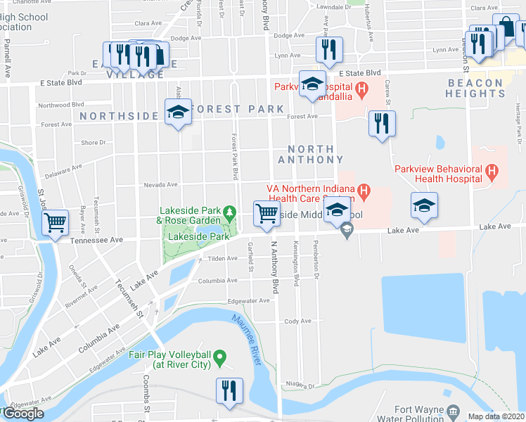 map of restaurants, bars, coffee shops, grocery stores, and more near 1719 Vermont Avenue in Fort Wayne