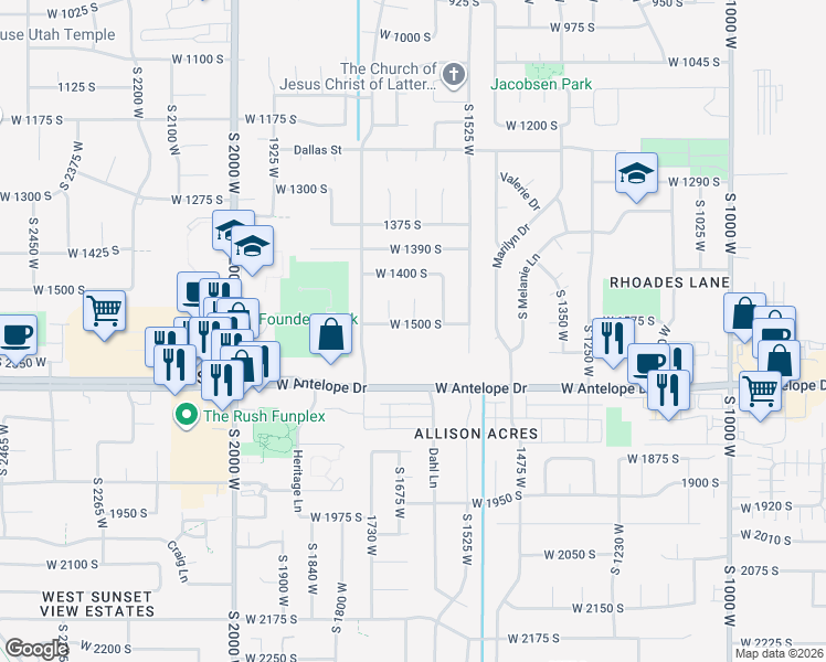 map of restaurants, bars, coffee shops, grocery stores, and more near 1673 West 1500 South in Syracuse