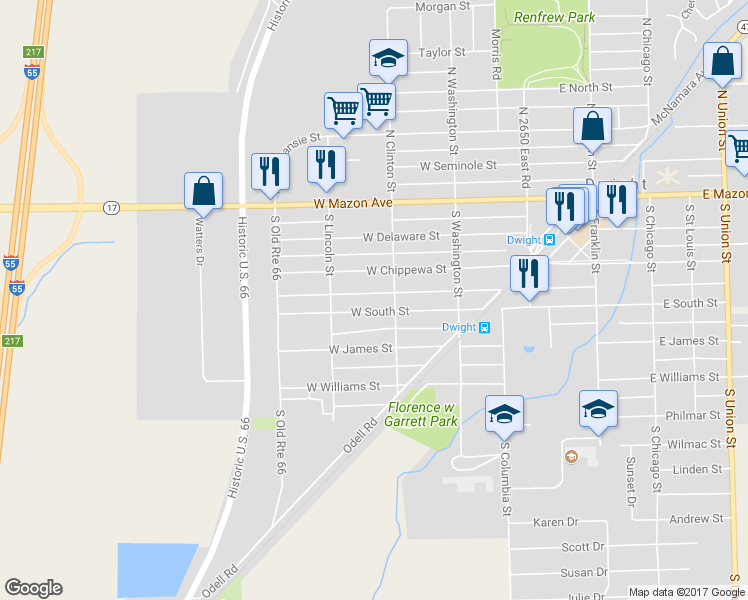 map of restaurants, bars, coffee shops, grocery stores, and more near 308 West South Street in Dwight