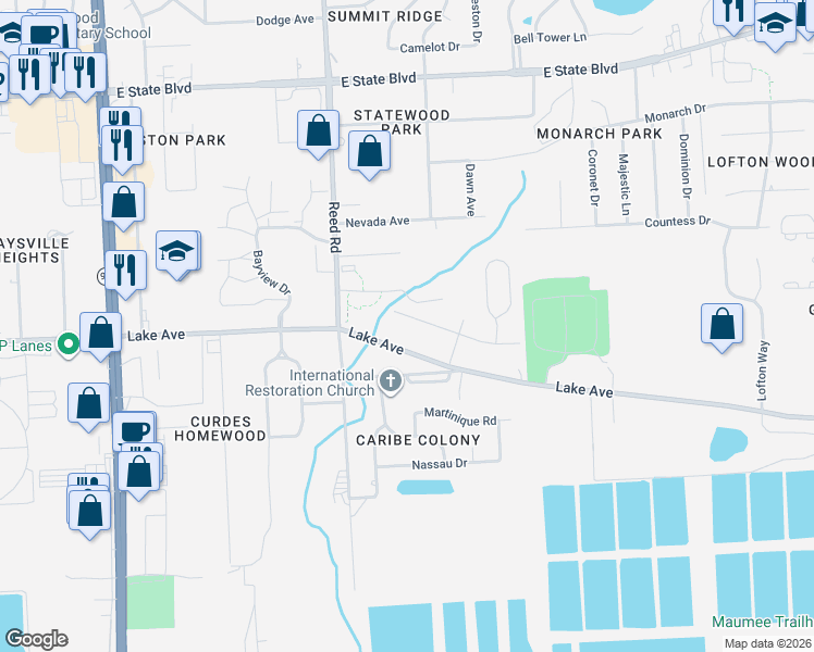 map of restaurants, bars, coffee shops, grocery stores, and more near 4912 Vermont Lane in Fort Wayne