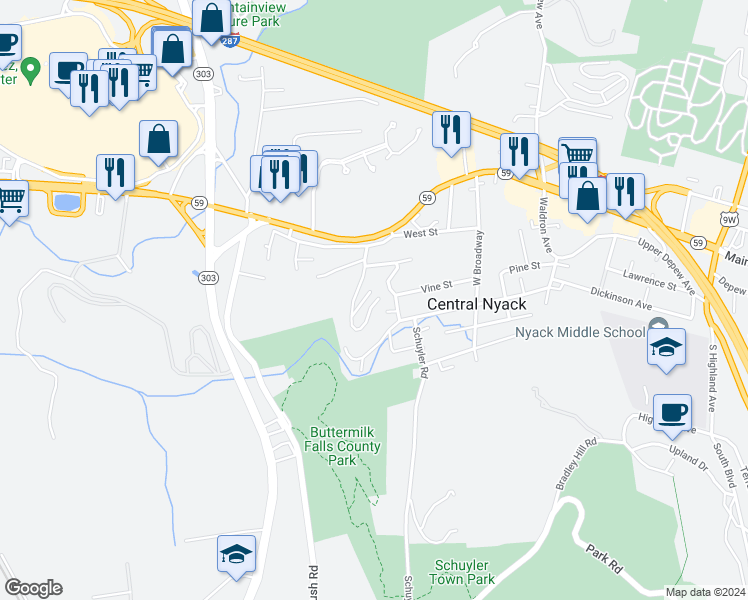 map of restaurants, bars, coffee shops, grocery stores, and more near 2 Cresthill Drive in Nyack