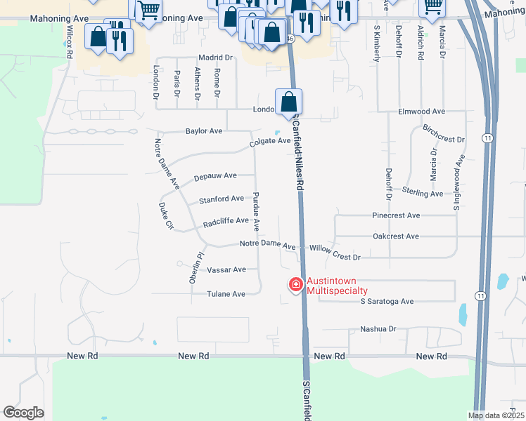 map of restaurants, bars, coffee shops, grocery stores, and more near 628 Purdue Avenue in Youngstown