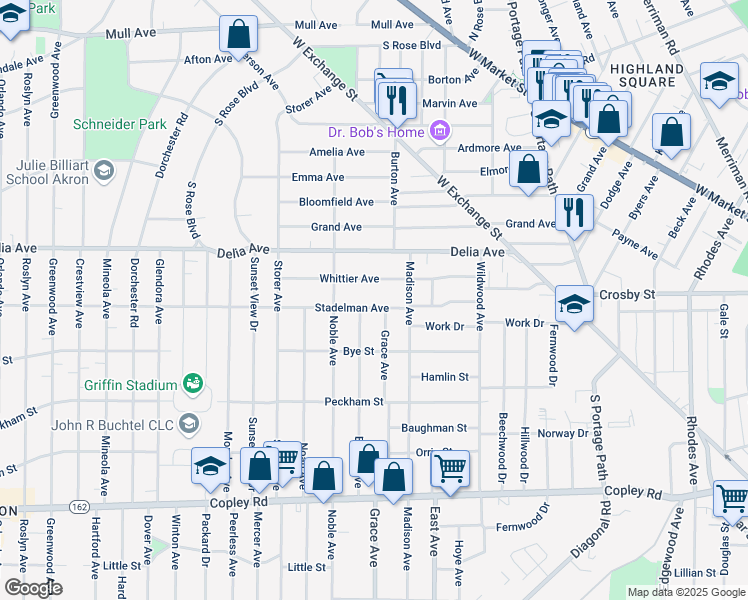 map of restaurants, bars, coffee shops, grocery stores, and more near 980 Whittier Avenue in Akron