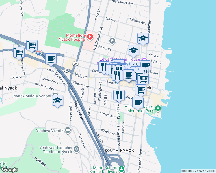 map of restaurants, bars, coffee shops, grocery stores, and more near 108 Jackson Avenue in Nyack