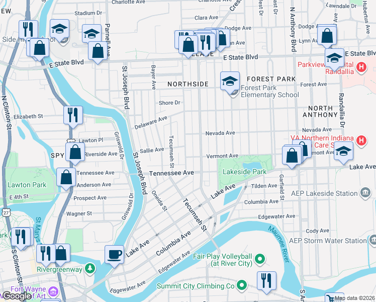 map of restaurants, bars, coffee shops, grocery stores, and more near 1615 Kentucky Avenue in Fort Wayne