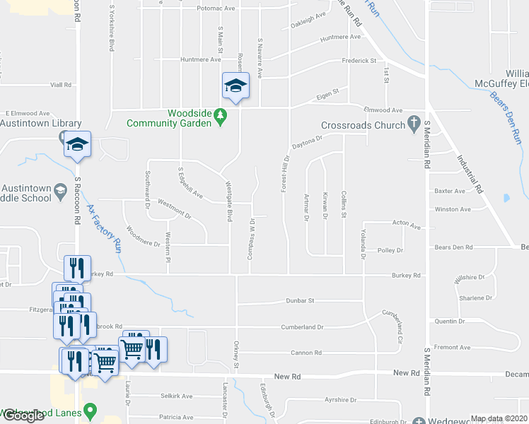 map of restaurants, bars, coffee shops, grocery stores, and more near 1005 Compass West Drive in Austintown