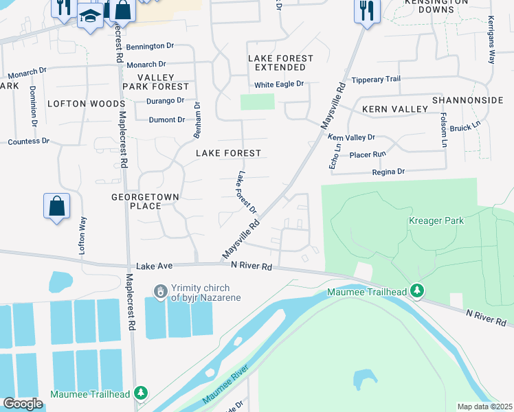 map of restaurants, bars, coffee shops, grocery stores, and more near 1202 Lake Forest Drive in Fort Wayne