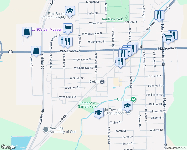 map of restaurants, bars, coffee shops, grocery stores, and more near 204 West South Street in Dwight