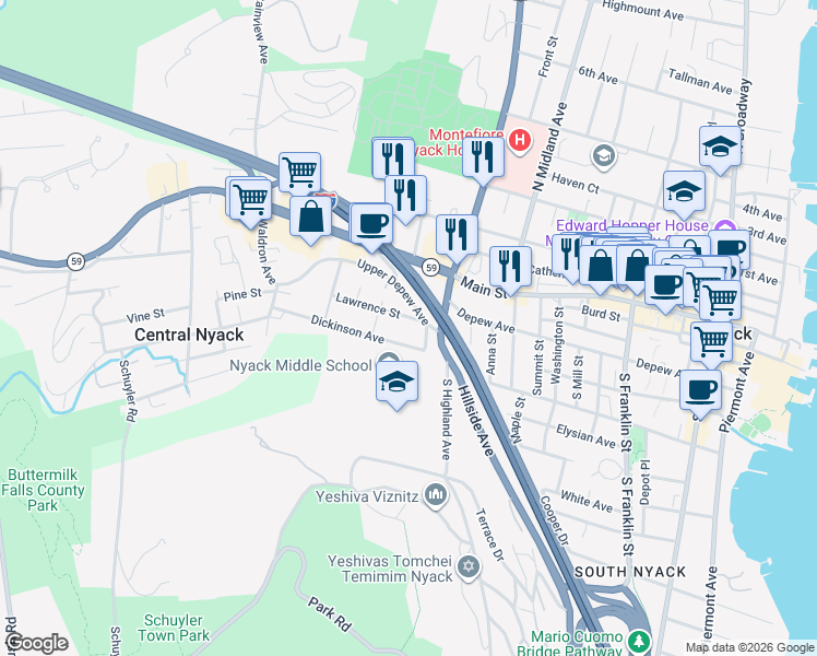 map of restaurants, bars, coffee shops, grocery stores, and more near 2 Lawrence Street in Nyack