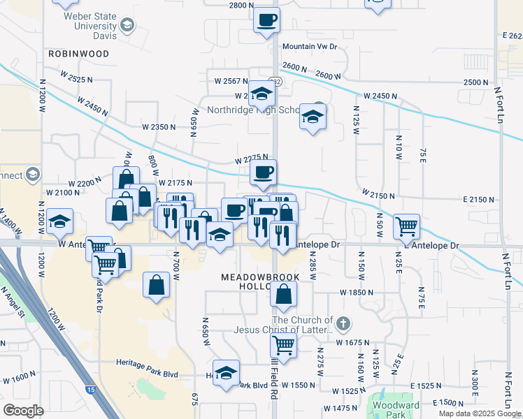 map of restaurants, bars, coffee shops, grocery stores, and more near 2111 North Hill Field Road in Layton