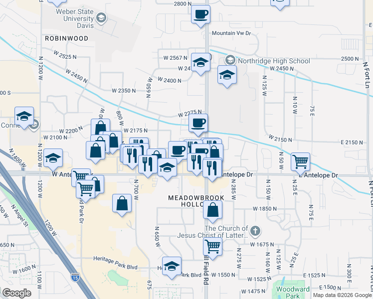 map of restaurants, bars, coffee shops, grocery stores, and more near 2111 North Hill Field Road in Layton