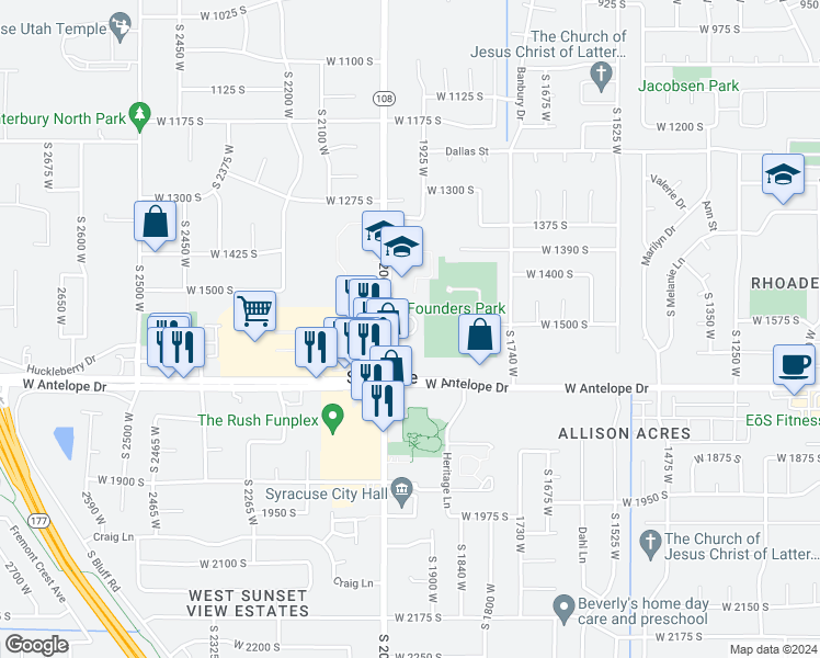 map of restaurants, bars, coffee shops, grocery stores, and more near 1573 South 2000 West in Syracuse