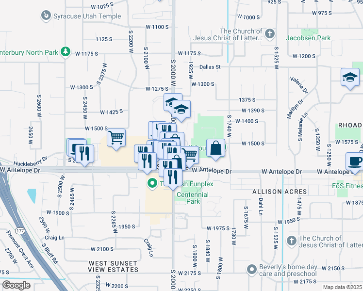 map of restaurants, bars, coffee shops, grocery stores, and more near 1573 South 2000 West in Syracuse