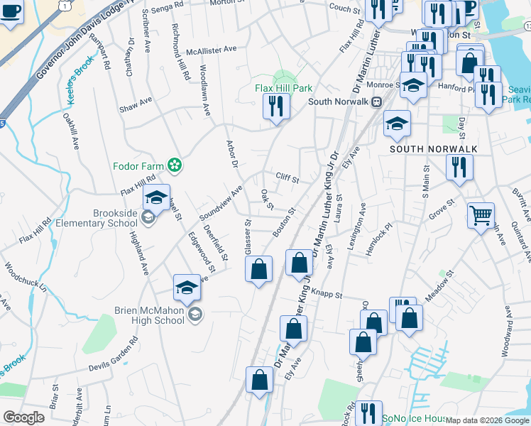 map of restaurants, bars, coffee shops, grocery stores, and more near 9 Talmadge Place in Norwalk
