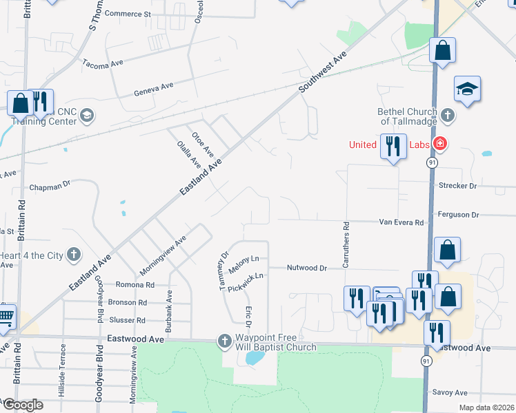 map of restaurants, bars, coffee shops, grocery stores, and more near 1202 Morningview Avenue in Akron