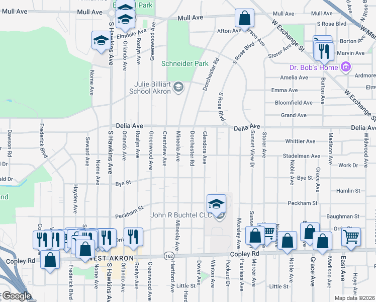map of restaurants, bars, coffee shops, grocery stores, and more near 478 Dorchester Road in Akron