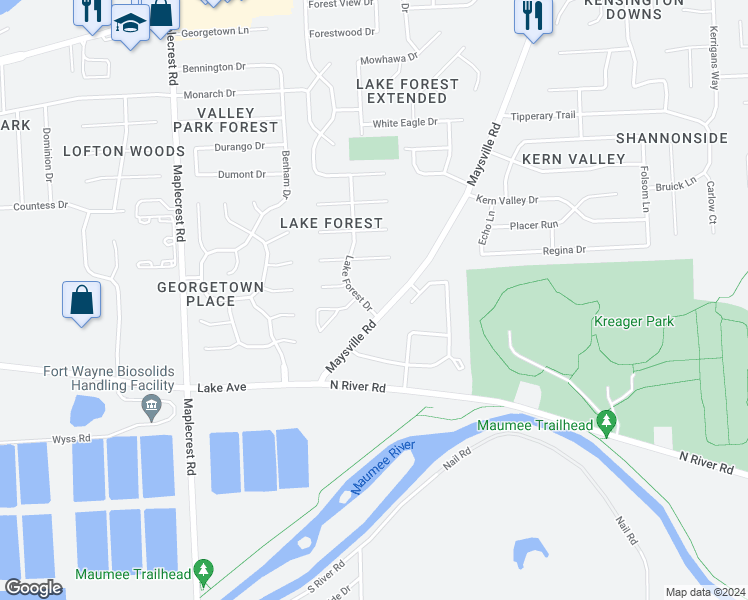 map of restaurants, bars, coffee shops, grocery stores, and more near 1202 Lake Forest Drive in Fort Wayne
