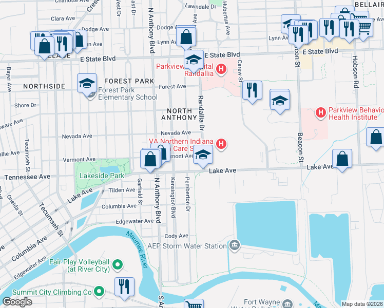 map of restaurants, bars, coffee shops, grocery stores, and more near 1605 Randallia Dr in Fort Wayne