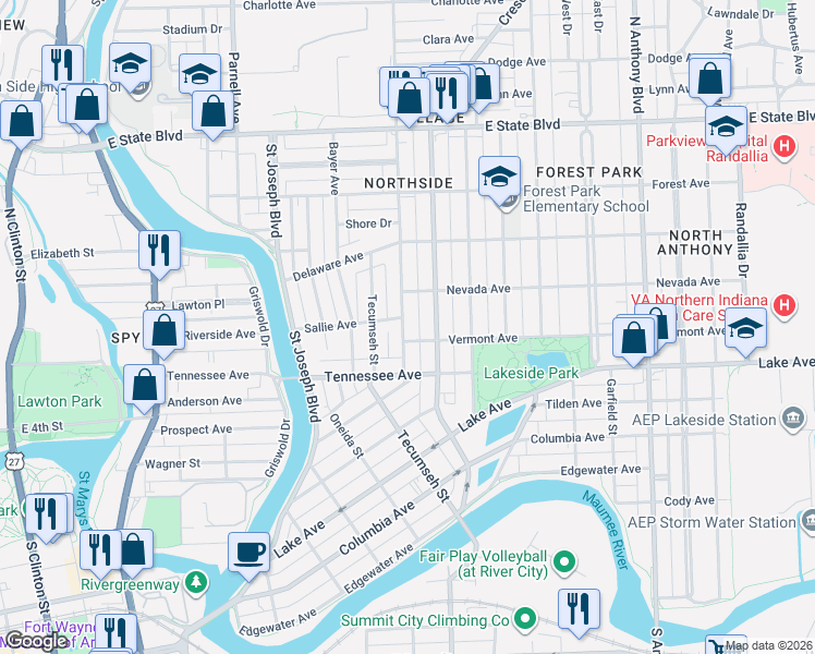 map of restaurants, bars, coffee shops, grocery stores, and more near 1615 Kentucky Avenue in Fort Wayne