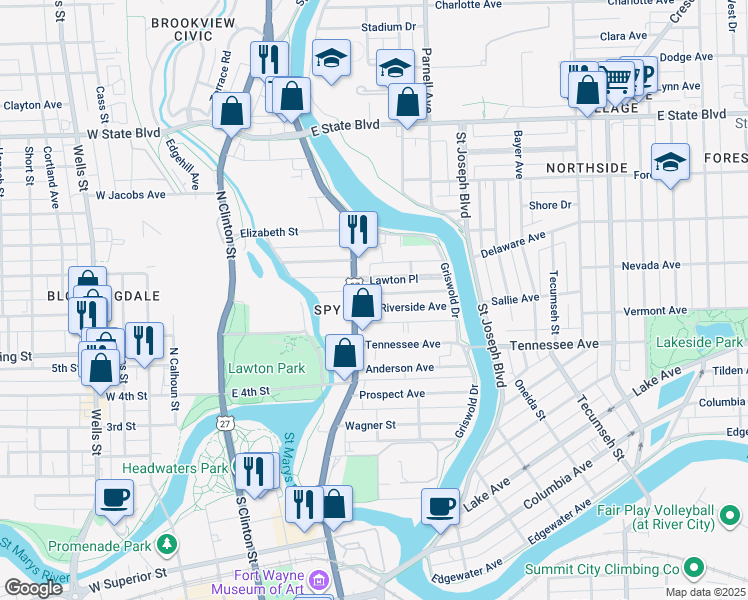 map of restaurants, bars, coffee shops, grocery stores, and more near 1702 Spy Run Avenue in Fort Wayne