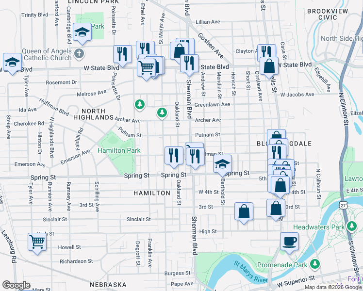 map of restaurants, bars, coffee shops, grocery stores, and more near 1721 Oakland Street in Fort Wayne