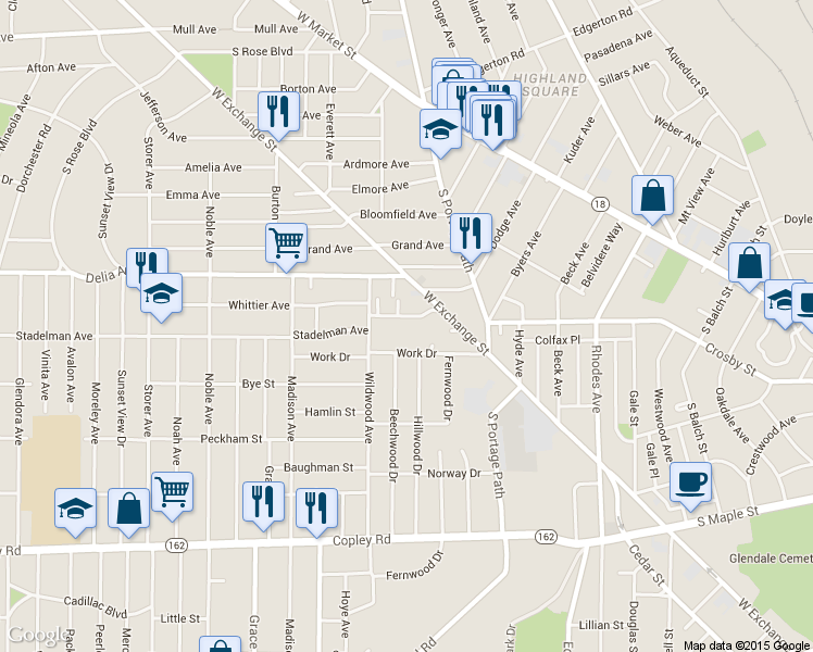 map of restaurants, bars, coffee shops, grocery stores, and more near 821 Stadelman Ave in Akron