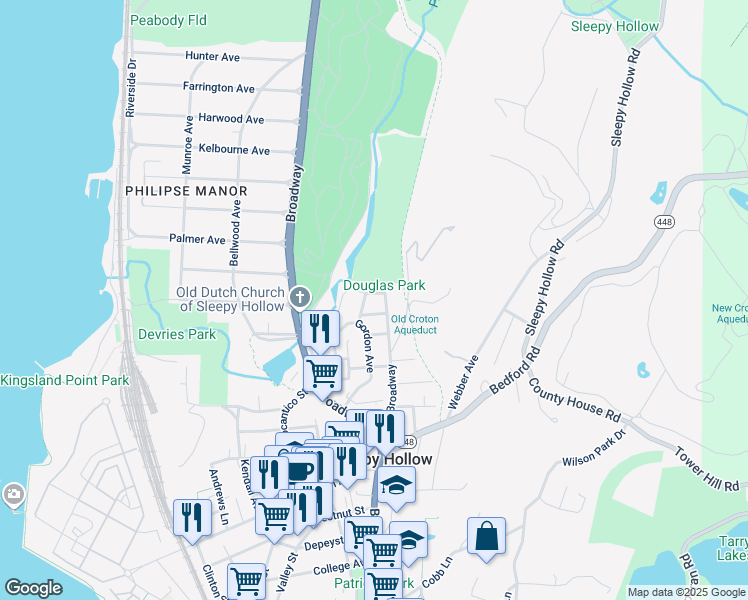 map of restaurants, bars, coffee shops, grocery stores, and more near 147 New Broadway in Sleepy Hollow