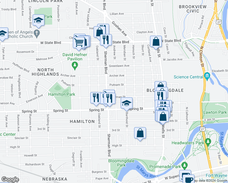 map of restaurants, bars, coffee shops, grocery stores, and more near 1717 Andrew Street in Fort Wayne
