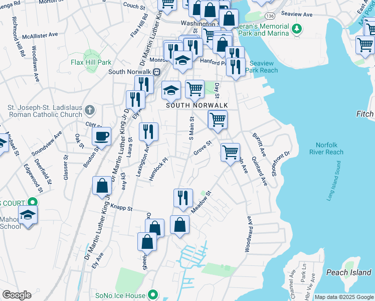 map of restaurants, bars, coffee shops, grocery stores, and more near 149 South Main Street in Norwalk