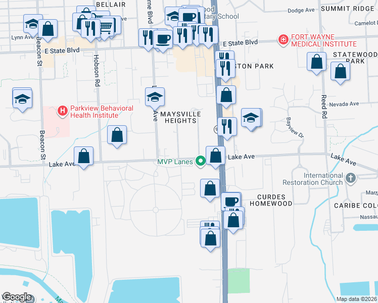 map of restaurants, bars, coffee shops, grocery stores, and more near 3737 Lake Avenue in Fort Wayne