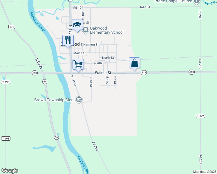 map of restaurants, bars, coffee shops, grocery stores, and more near 501 Burt Street in Oakwood