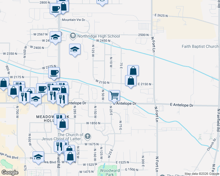 map of restaurants, bars, coffee shops, grocery stores, and more near 2115 North 5 East in Layton