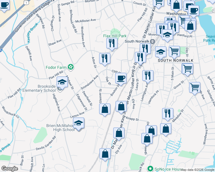 map of restaurants, bars, coffee shops, grocery stores, and more near 9 Talmadge Place in Norwalk