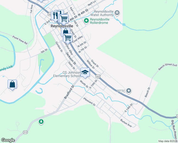 map of restaurants, bars, coffee shops, grocery stores, and more near 903 E Main St in Reynoldsville