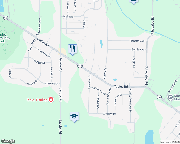 map of restaurants, bars, coffee shops, grocery stores, and more near 1398 North Plainview Drive in Akron