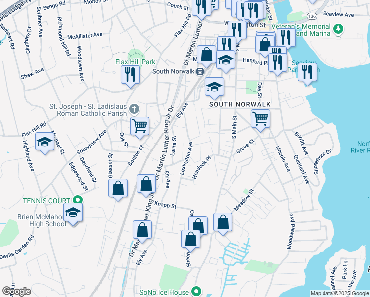 map of restaurants, bars, coffee shops, grocery stores, and more near 11 Snowden Street in Norwalk