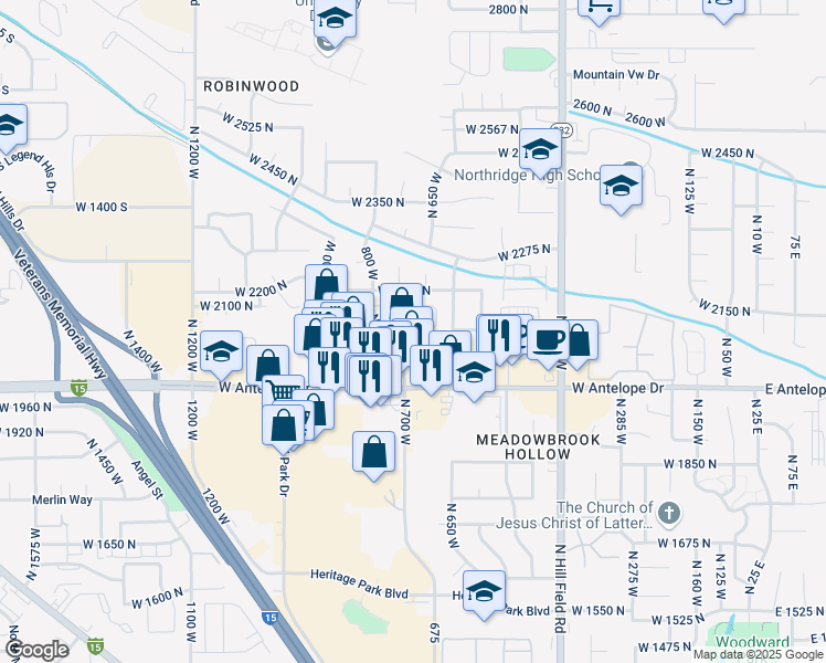 map of restaurants, bars, coffee shops, grocery stores, and more near 700 Antelope Drive in Layton