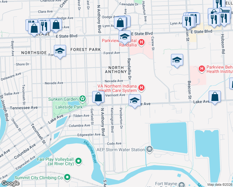 map of restaurants, bars, coffee shops, grocery stores, and more near 1905 Vermont Avenue in Fort Wayne