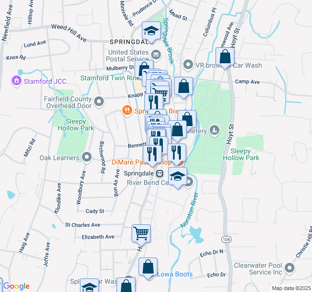 map of restaurants, bars, coffee shops, grocery stores, and more near 942 Hope Street in Stamford