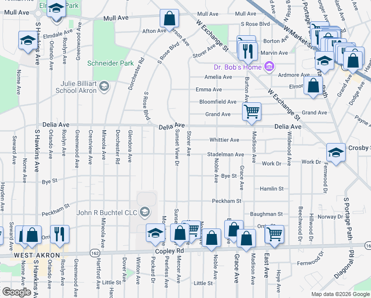 map of restaurants, bars, coffee shops, grocery stores, and more near 422 Storer Avenue in Akron