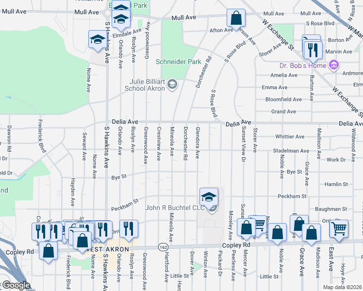 map of restaurants, bars, coffee shops, grocery stores, and more near 478 Dorchester Road in Akron