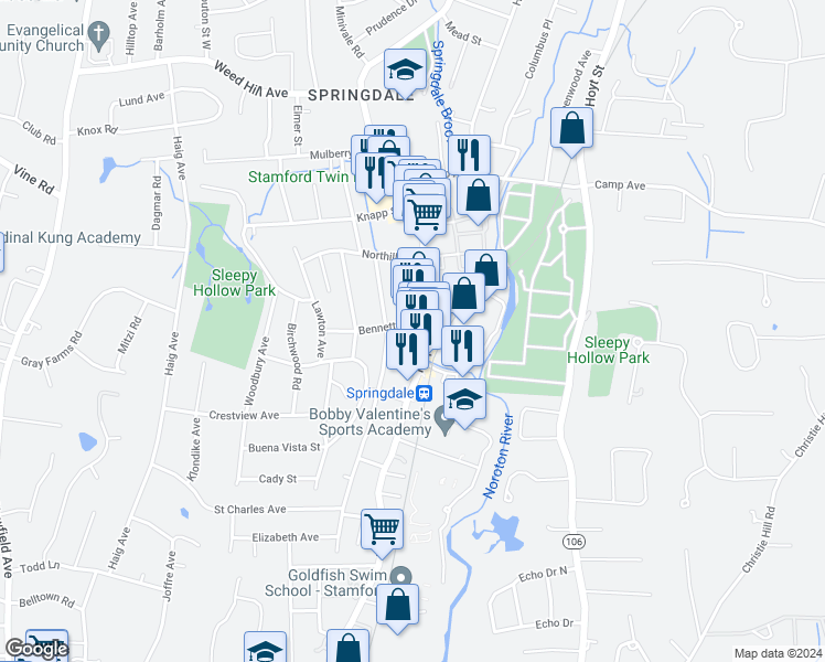 map of restaurants, bars, coffee shops, grocery stores, and more near 936 Hope Street in Stamford