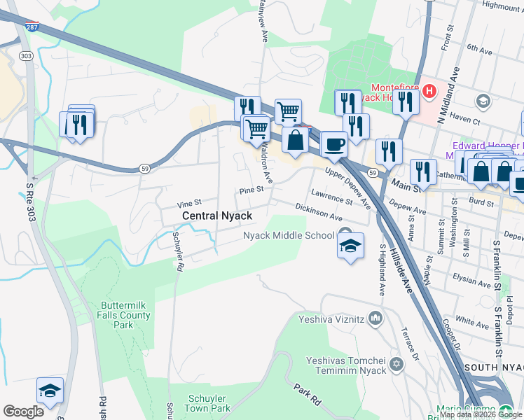 map of restaurants, bars, coffee shops, grocery stores, and more near 17 Waldron Avenue in Nyack